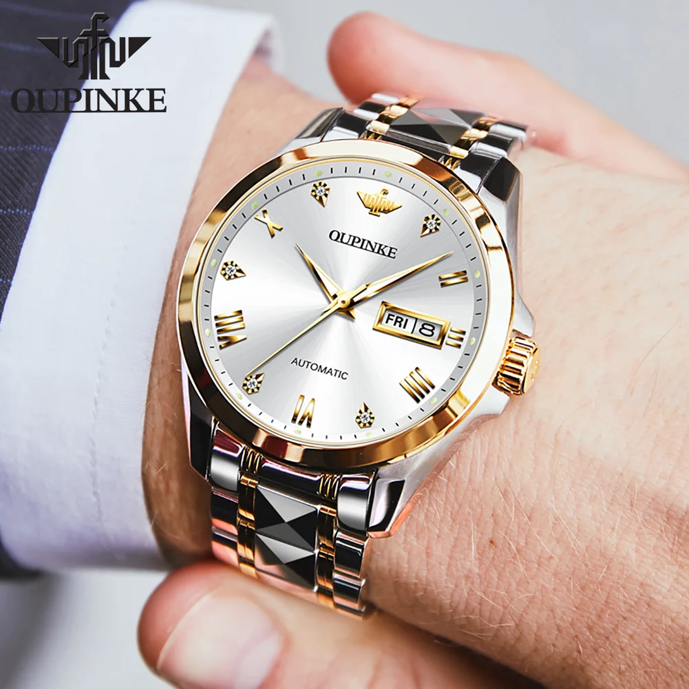 OUPINKE 3171 Swiss Automatic Mechanical Watch for Men Tungsten steel Sapphire Mirror Dual Calendar Luxury Simplicity Wristwatch