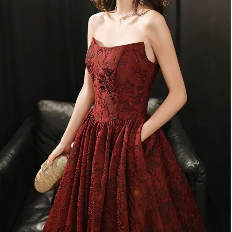 Customized Sexy Strapless Sleeveless High End Wine Red Wedding Party Dresses French Temperament Floral Printed Gown Backless Str