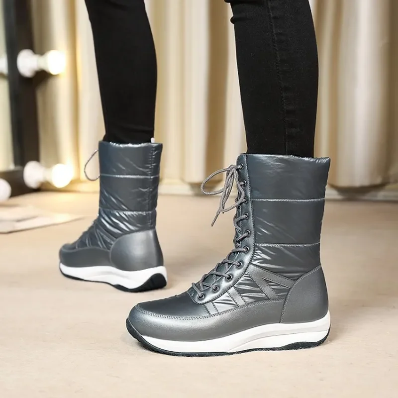 Women Winter Snow Boots Thick Sole Mid Calf Warm Plush Lined Non Slip Cotton Shoes Comfortable Middle Aged Elderly Mother