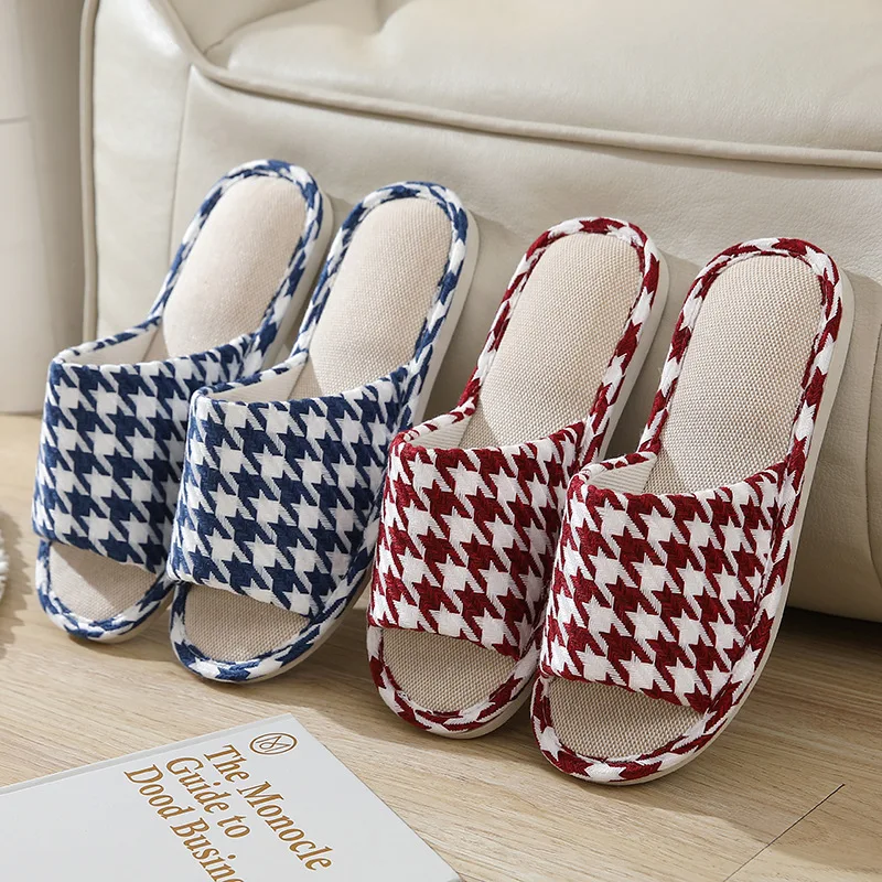 Women Linen Cotton Slippers Home Casual Grid Indoor Soft Slipper Spring Autumn Flip Flops Female Slides Floor Flat Shoes