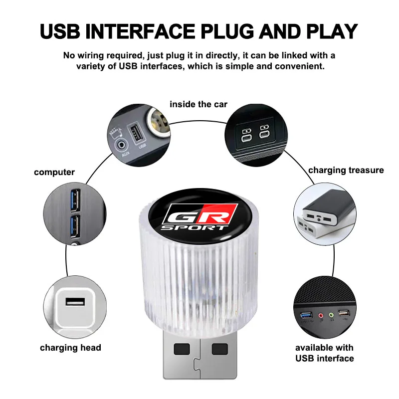 1Pcs GR Sport USB LED Car Light Auto Interior Atmosphere Light For Toyota GR Gazoo Racing Sport RAV4 Prius TRD Corolla Yaris