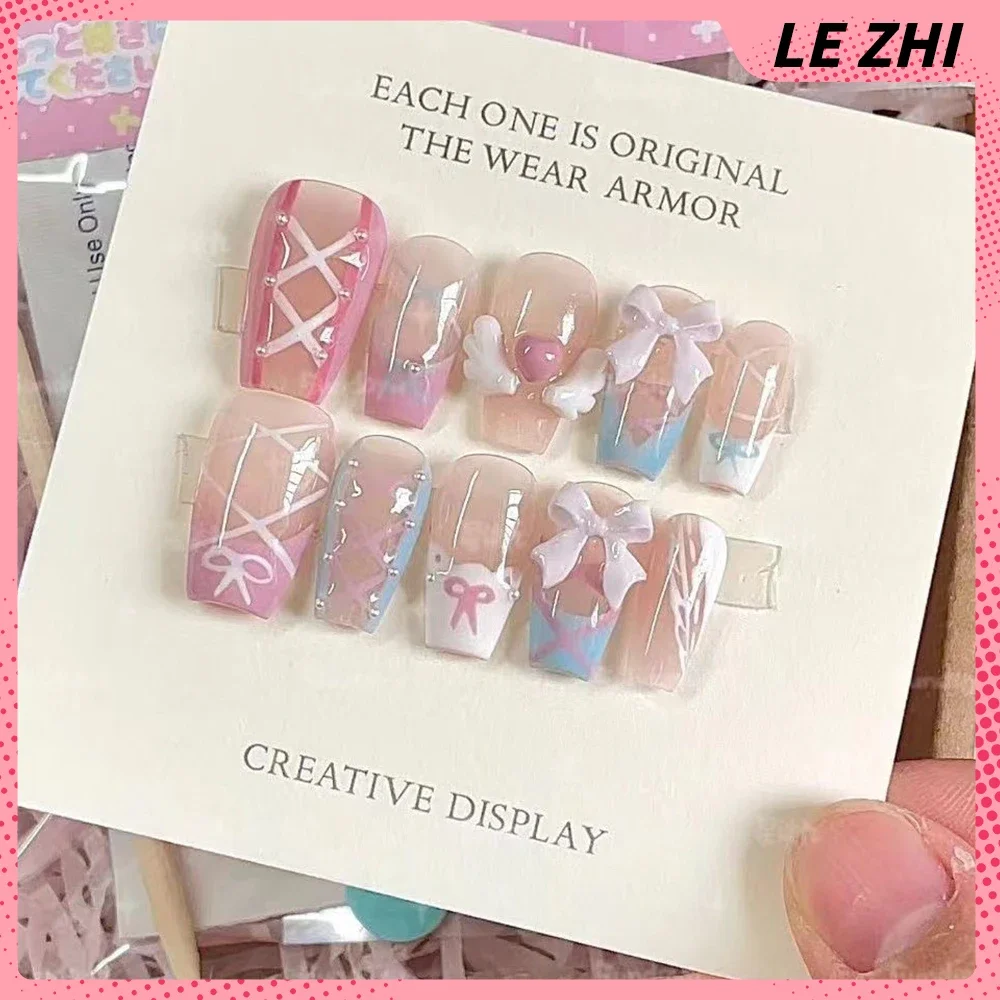 10Pcs Handmade Kawaii animal Fake Nails Kawaii Sweetheart Girl Cartoon Diamond Anime Manicure Removable Nail Art Holiday Gifts