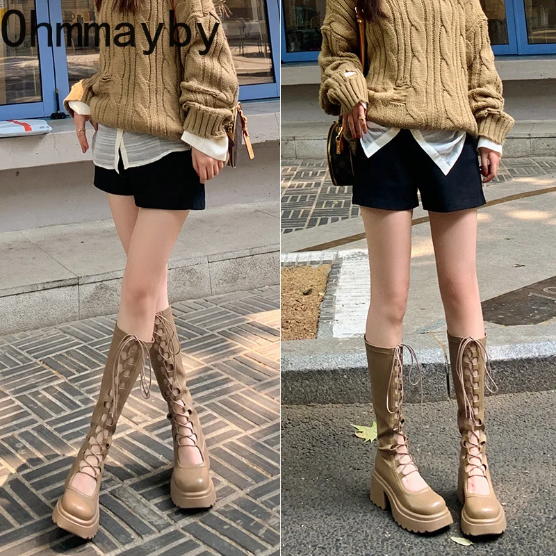 

Spring Autumn Women Knee High Boots Fashion Lace Up Platform Heel Shoes Ladies Elegant Women's Hollow Out Long Booties