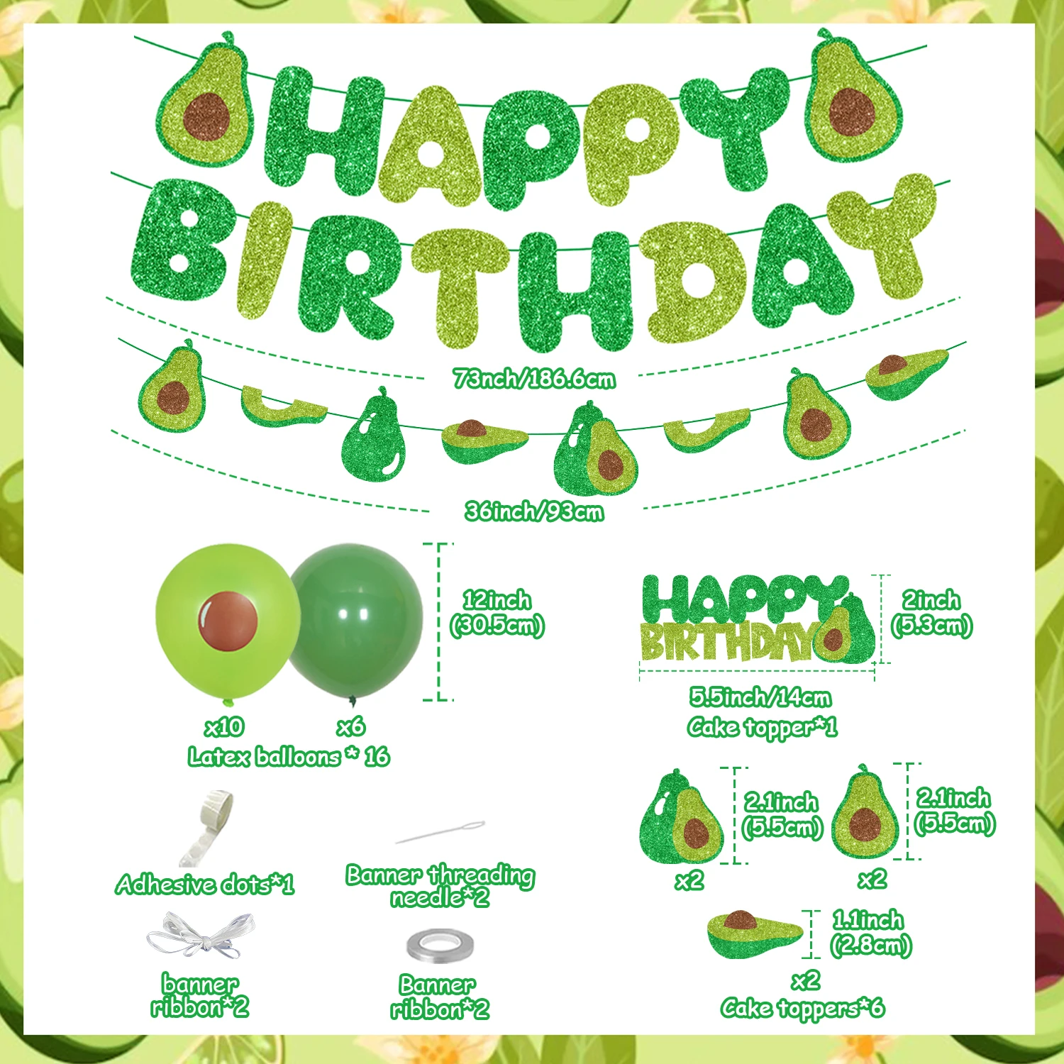 Avocado Themed Birthday Party Decor for Boys and Girls, Glitter Avocado Banner, Cake Topper, Balloons for Fruit Party Supplies