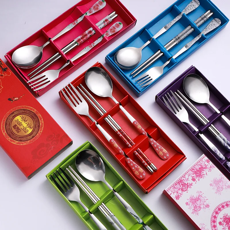 Chinese Style Creative Stainless Steel Tableware Gift Fork Spoon Chopsticks Flower Pattern Travel Portable Dinnerware 3PCs/Set