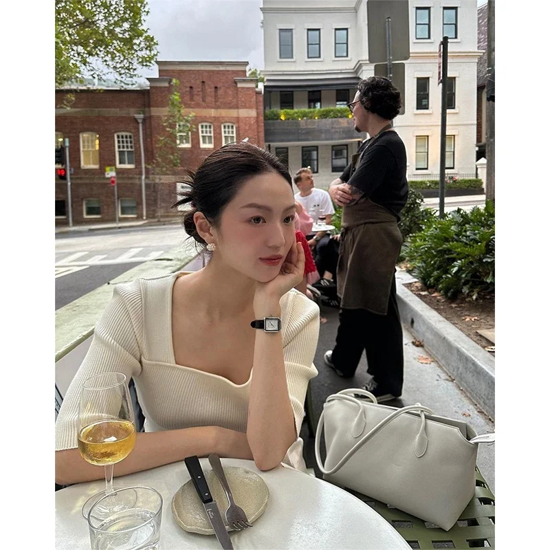 

Elegant Short Sleeve Knitwear Women's Square Collar Spring Summer Sweet Style Pure Color Selfwill Brand