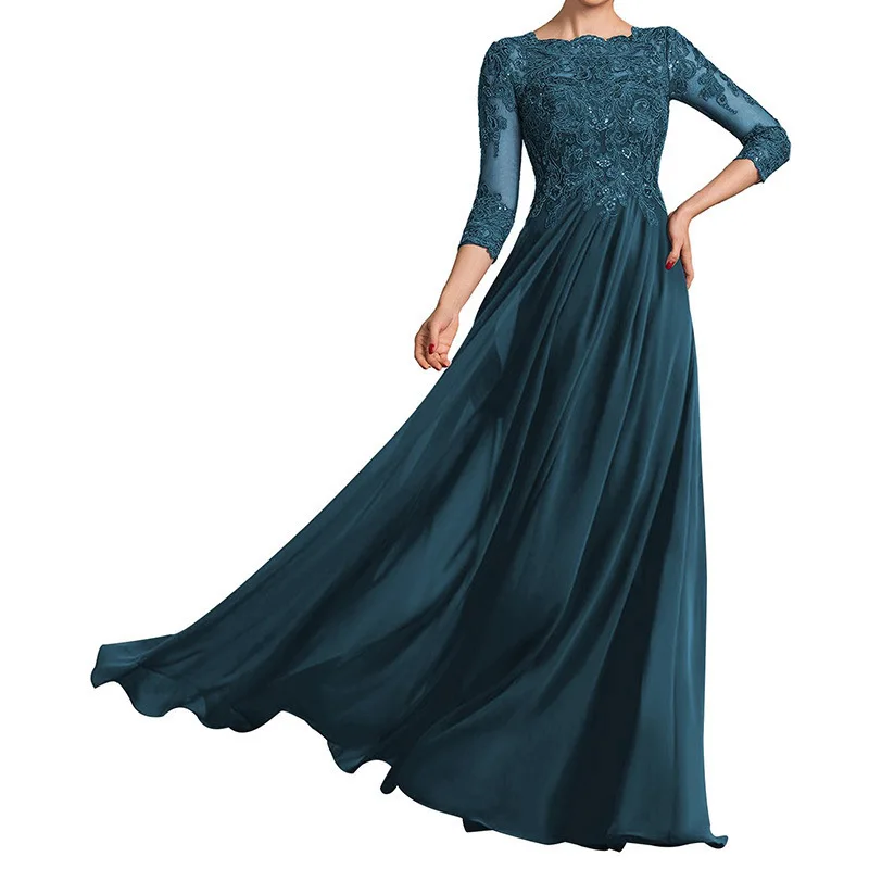 QMANSHA Maßgeschneidertes langes Brautjungfernkleid mit dreiviertellangen Ärmeln, Spitze, Chiffon, formelles Abendkleid, A-Linie, Hochzeits- und Partykleid – Detail 13