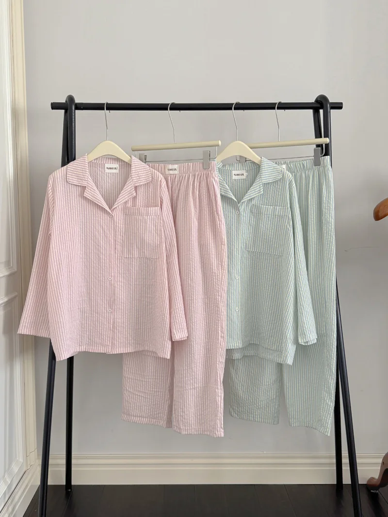 

korean girls striped pajamas set women cotton caual two piece home suit loose single breasted shirts + trouser pocket sweet cute