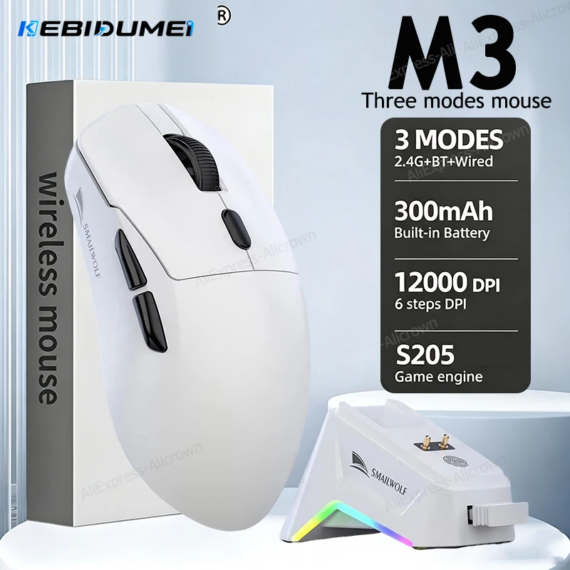 KEBIDUMEI 2.4G M3 Kabellose Maus BT/2.4G/Kabelgebunden Dreifach-Modus Leichtgewichtige Maus 12000DPI Wiederaufladbare Gamer-Mäuse für Laptop/Notebook