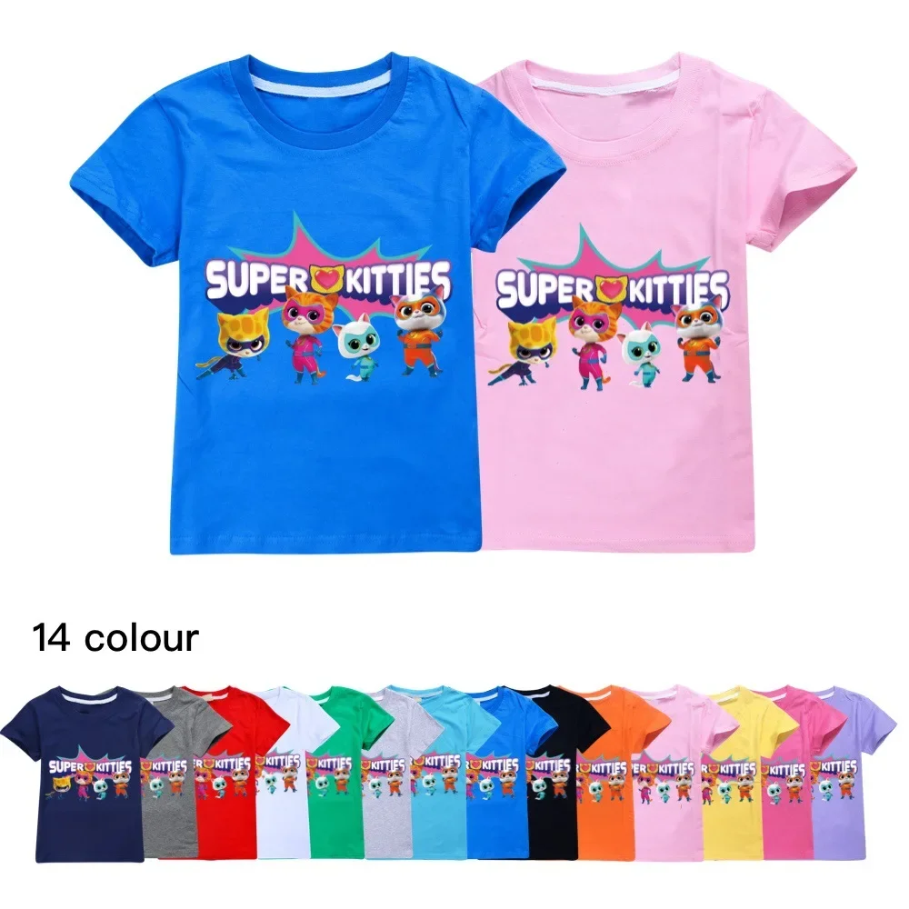 

Game Super Kitties T Shirt Kids Clothes Boys Pure Cotton T-shirts Toddler Girls Short Sleeve Casual Tops Children's Clothing