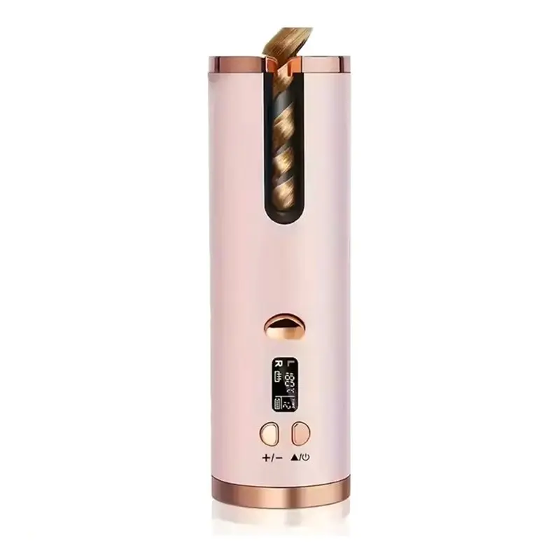 abvi-コードレスポータブル自動ヘアカーラー回転バレル＆インテリジェント温度制御ピンク