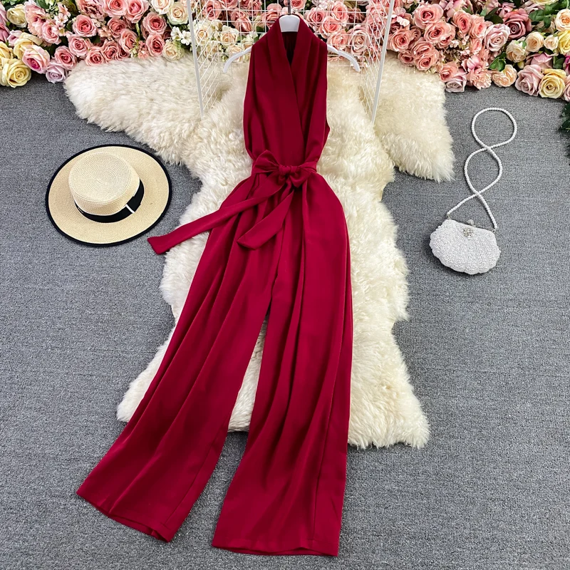 

Цельные брюки Ele OL с V-образным вырезом и широкими штанинами с застежкой на талии, летнее новое поступление