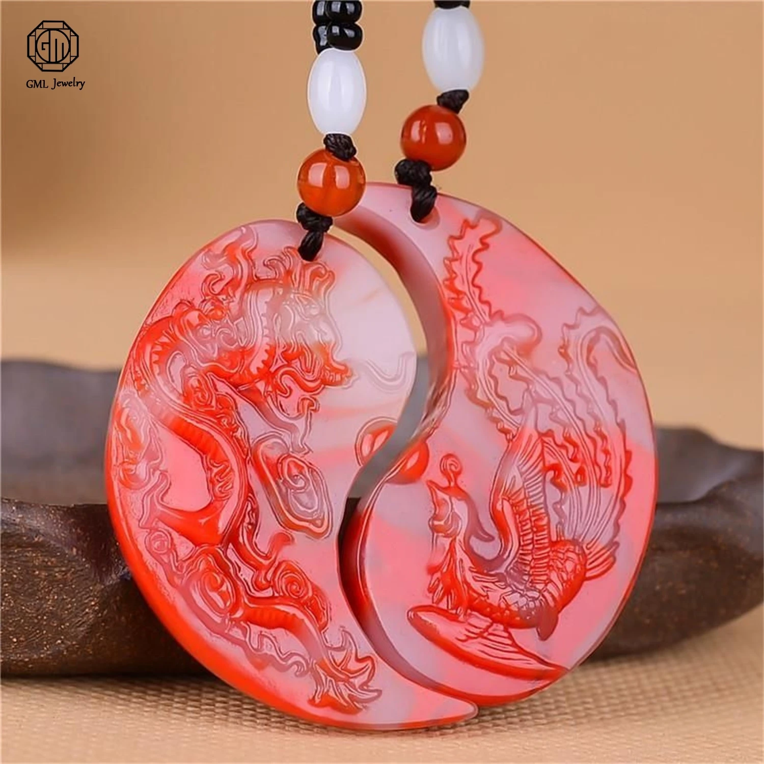 

Natural Outer Mongolian Golden Silk Jade Dragon Phoenix Pendant Pair Couple Necklace Traditional Chinese Style Lucky Symbol Unis