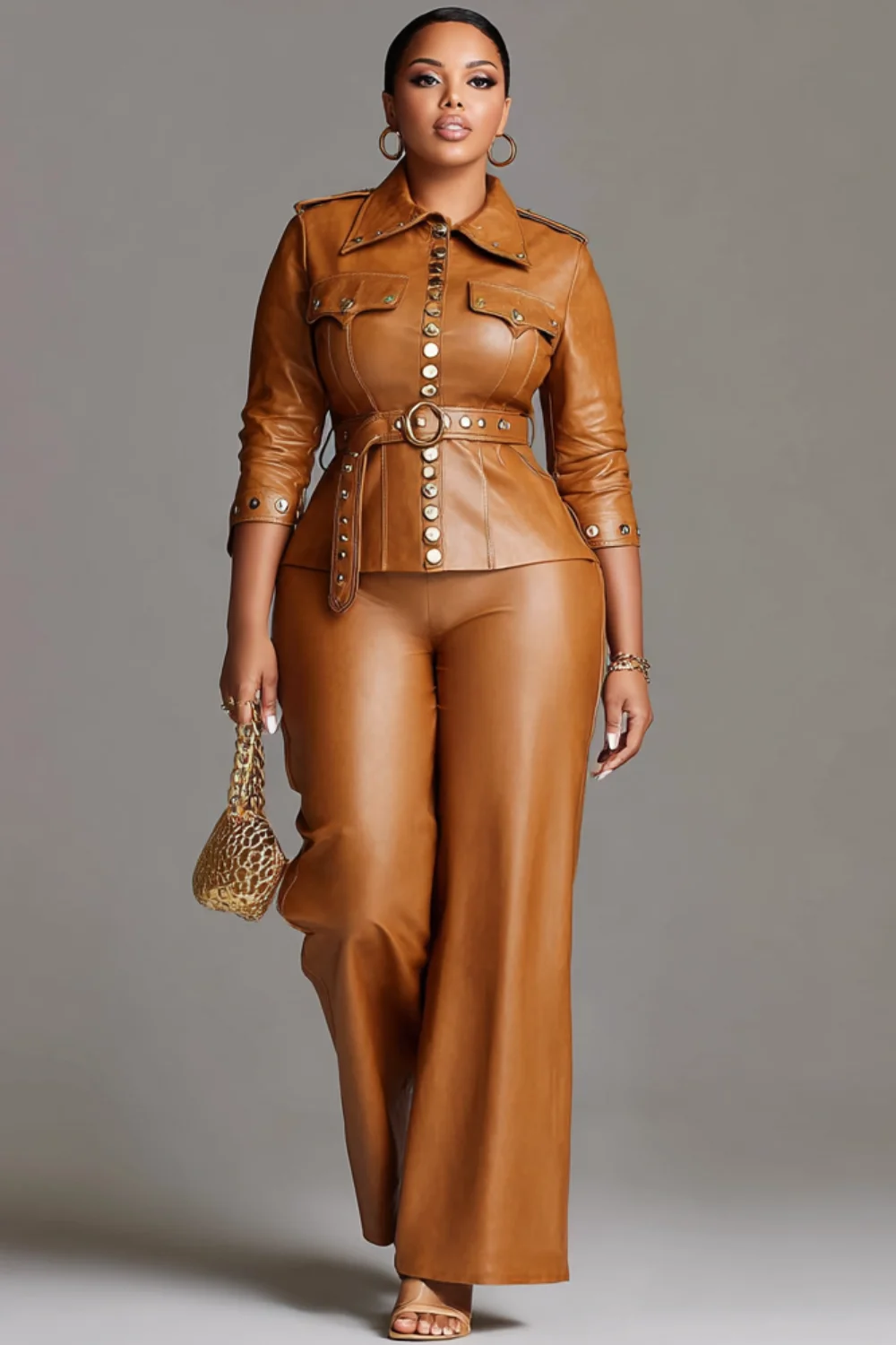 Plus Size Business Casual Brown Shirt Collar Studded Elegant Pocket PU Leather Two Piece Pant Suits