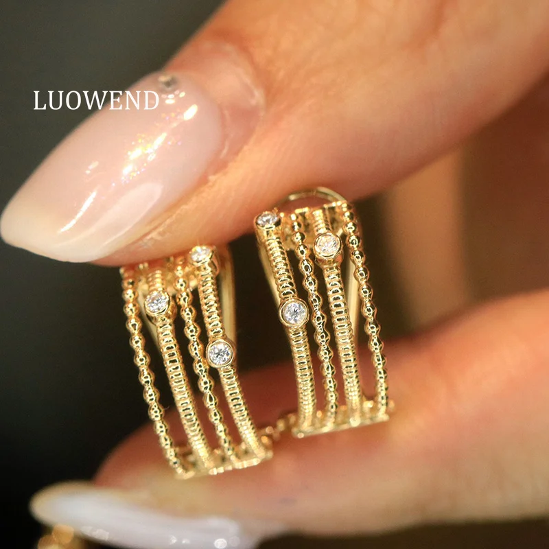 

LUOWEND 100% 18K Yellow Gold Earrings Vintage Palace Style Real Natural Diamond Hoop Earrings for Women High Wedding Jewelry