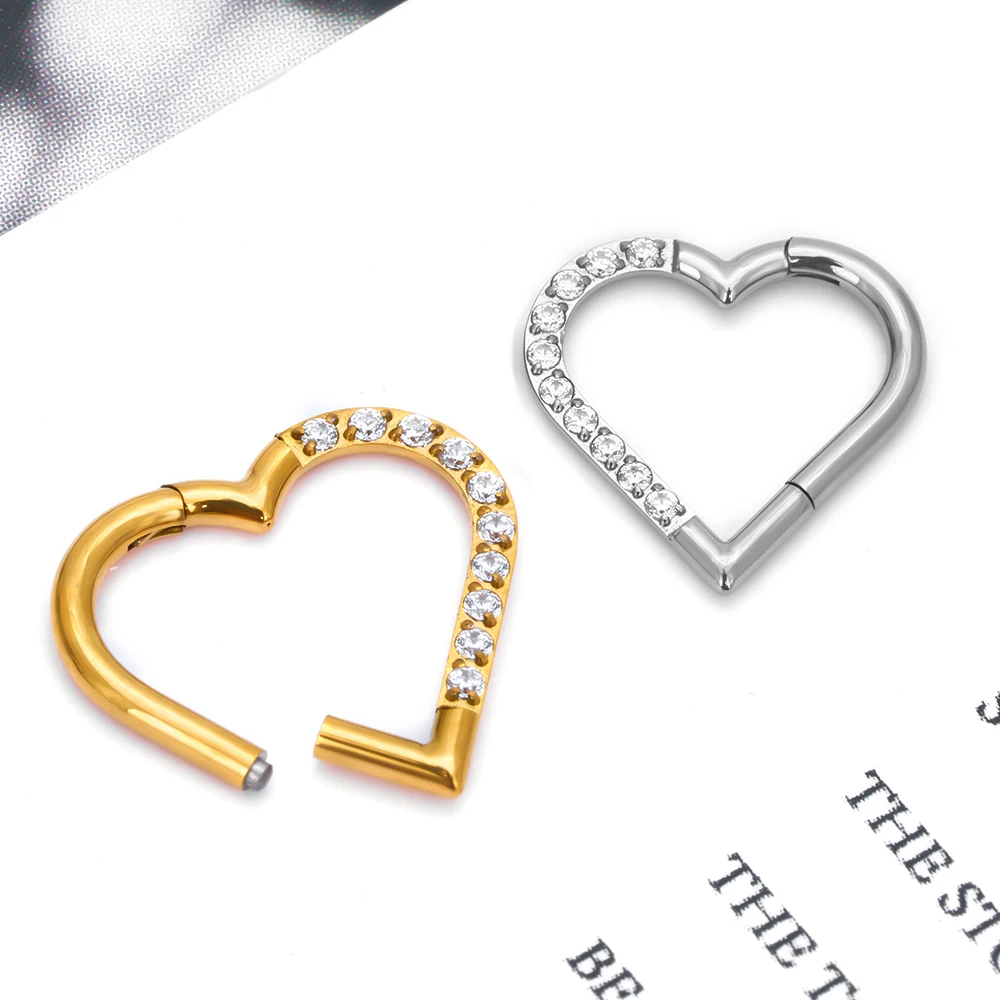 ASTM F-136 Titanium Nose Ring Daith Heart Earring Hoop Cartilage Tragus D Shape Helix Rings Hinged Segment Hoop with Clear CZ