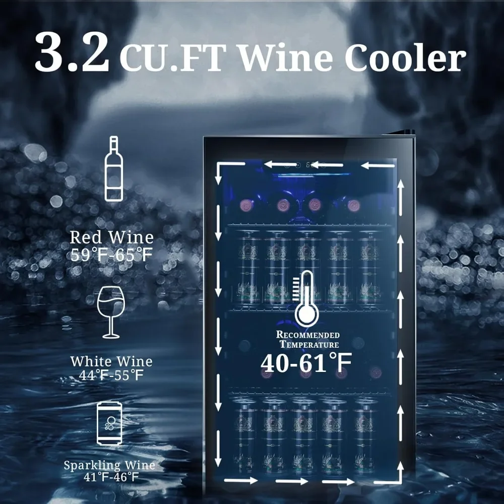 Mini Wine Refrigerator com Congelador, Porta de Vidro, Compressor Silencioso, Isolado, 3,2 Cu.ft, 26 Garrafa, 125 Can