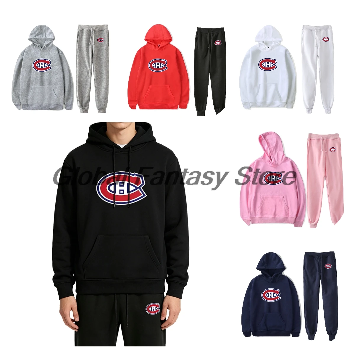 Conjunto de Moletom com Logo do Time Montreal Canadiens, Calças Jogger, Conjunto de Duas Peças, Sweatshirts+Calças de Moletom para Mulheres e Homens