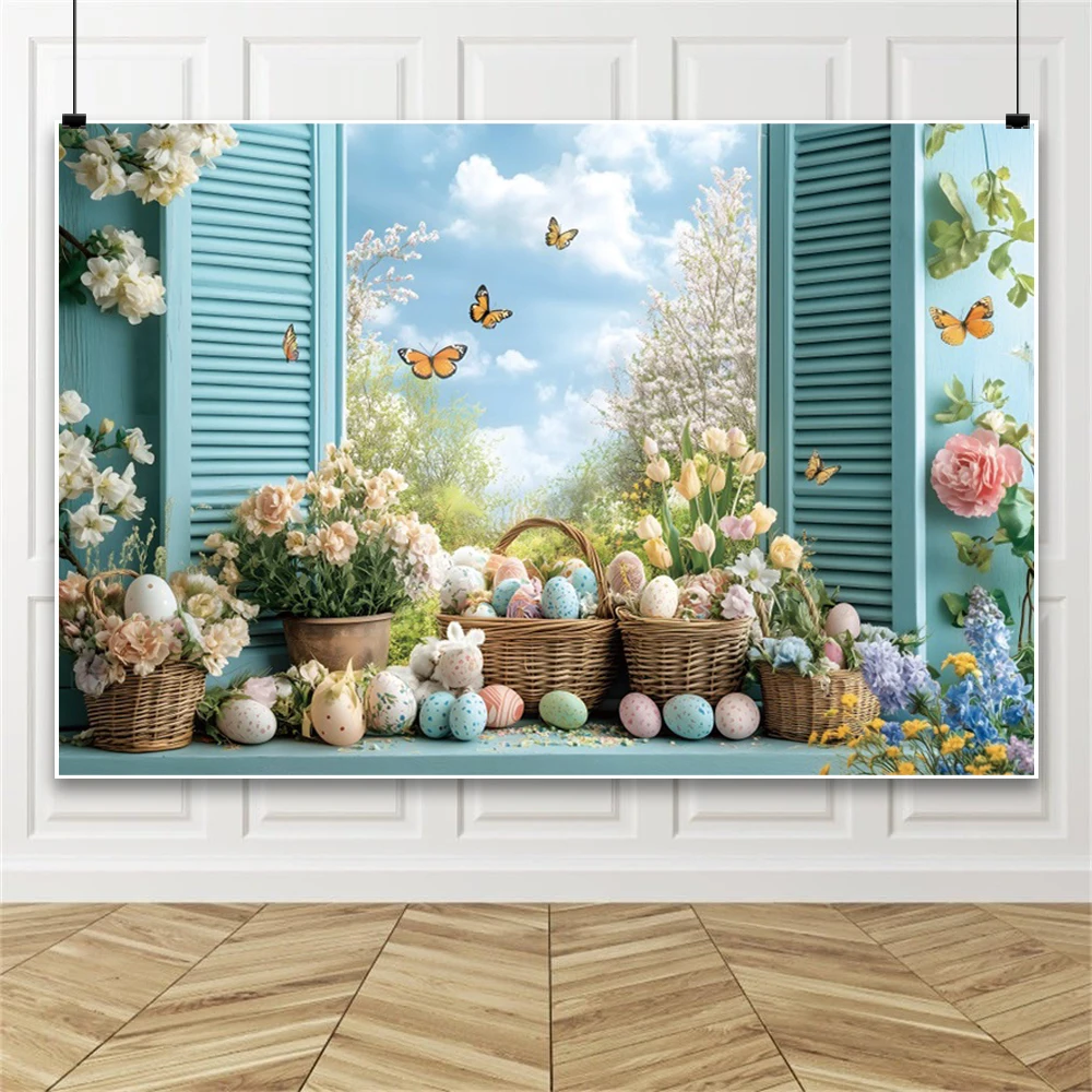 خلفية عيد الفصح للتصوير الفوتوغرافي حديقة الربيع بيض أرنب عيد الفصح زهرة السماء الغيوم نافذة خلفية استوديو الصور