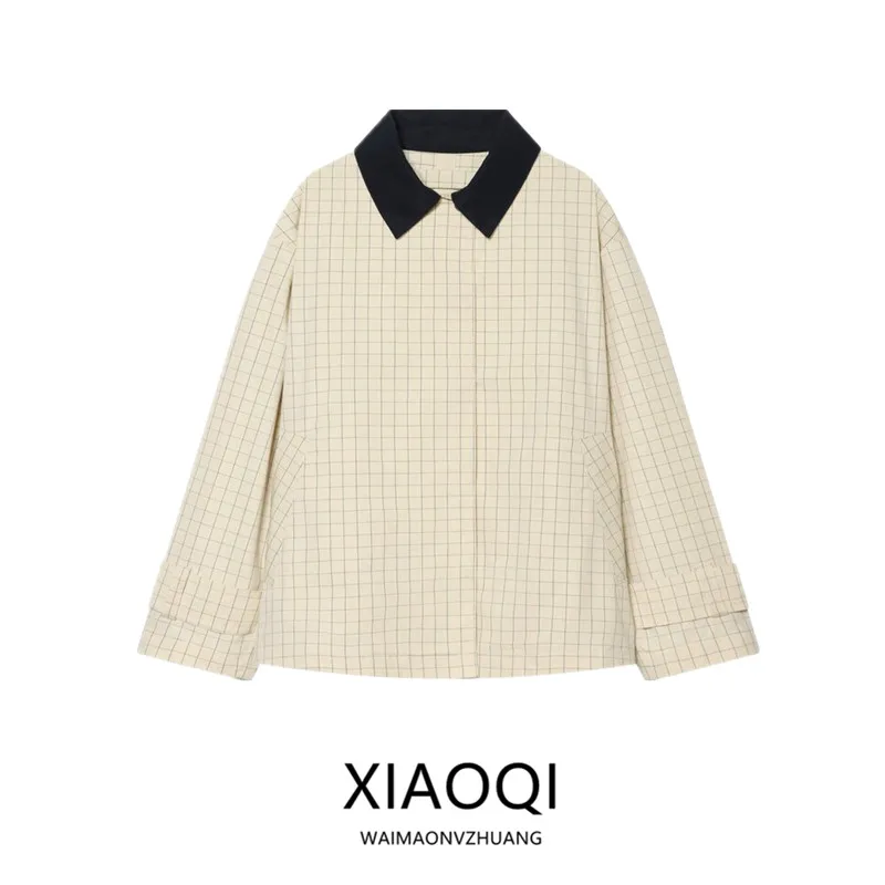 Summer 2026 Women's Plaid Long Sleeve Collar Jacket Color Block Outerwear Fashion Trend Loose Fit Button Closure Coat