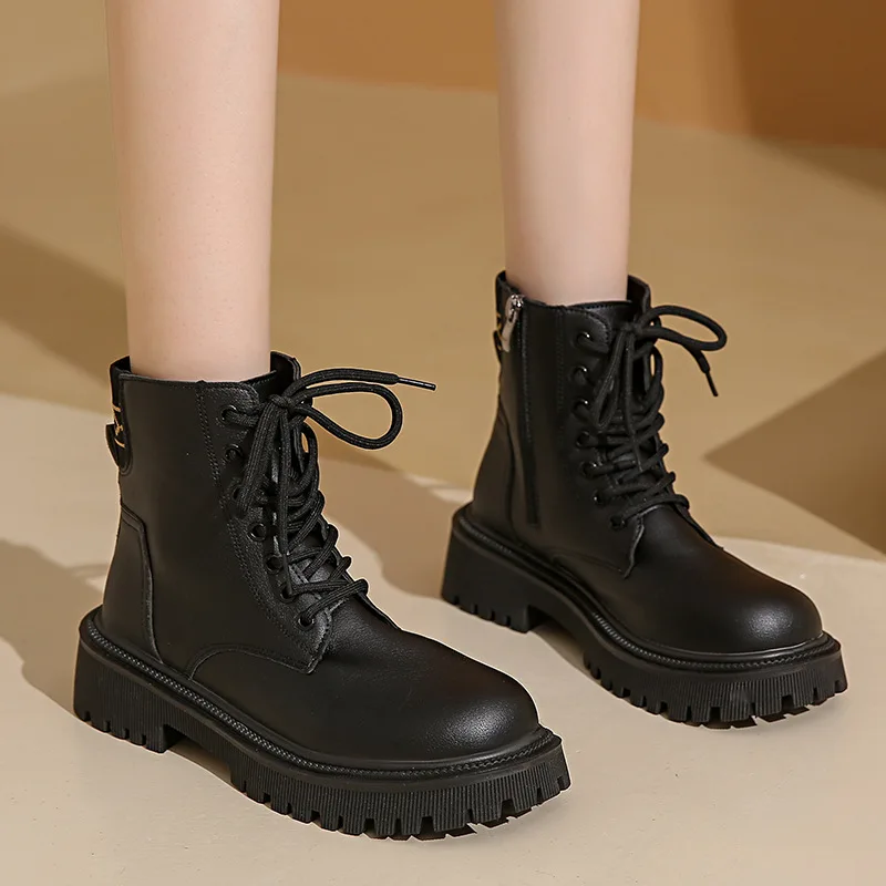 2024 Hot Sale Shoes Female Lace Up Women's Boots Autumn Round Toe Solid Short Barrel Platform Fashion Korean Style Naked Boots