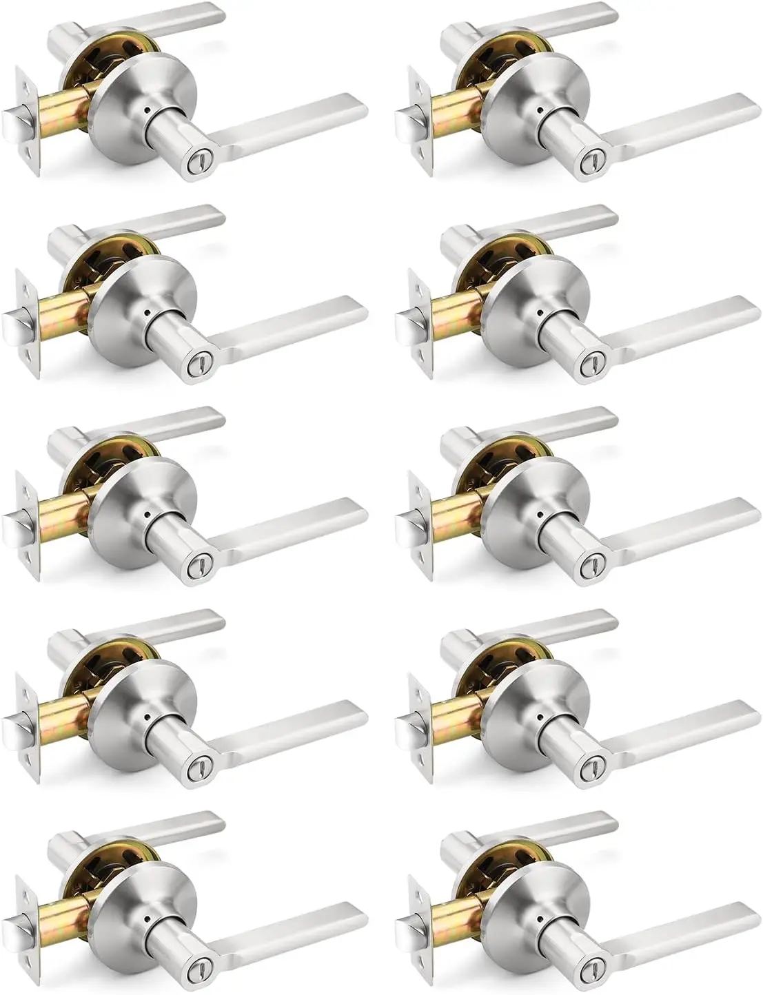 

10 Pack Privacy Door Handle Satin Nickel Interior Door Knobs for Bed Bath Keyless Lever Lock Reversible