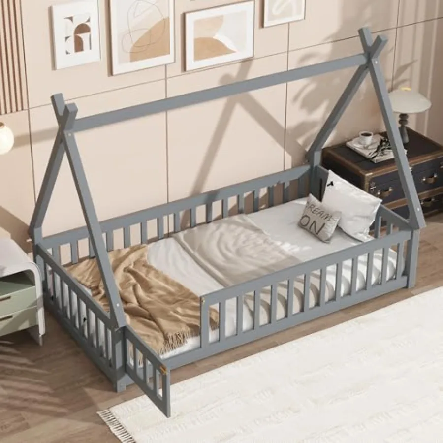 

Twin Size Tent Floor Bed with Fence Rails Wood Montessori Floor Bed with Slats and Door for Girls Boys Grey
