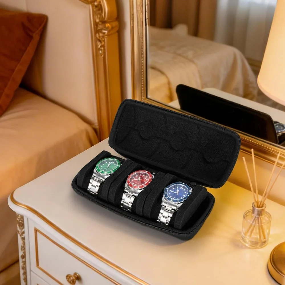 3 Slots Travel Watch Case, Hard Shell Watch Case Zippered Storage Organizer Box with Soft Foam Pillows Portable Compact