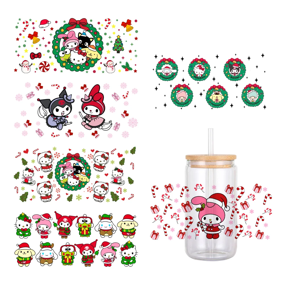 Christmas Sanrio Cute Hello Kitty Melody For Xmas Decoration 16oz Can Glass 3D Waterproof UV Dtf Coffee Can Wrap Glass Stickers