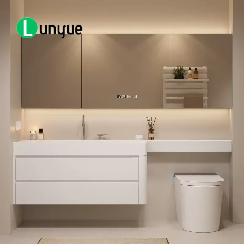 Simple Style Rubber Wood Wall Mounted Bathroom Cabinet with Integrated Washbasin Mirror Extended Side Painted Vanity for