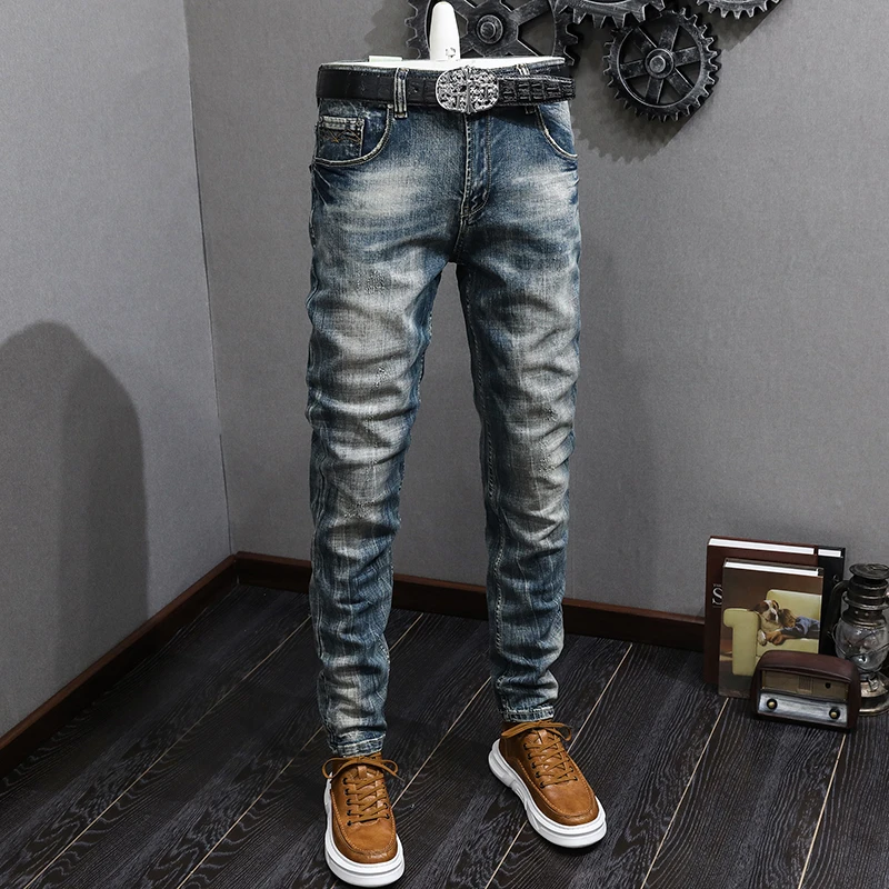 Nostalgic Jeans for Men2024New High-End Fashion Brand Retro Washed Personality Street Trend American Skinny Pencil Trousers