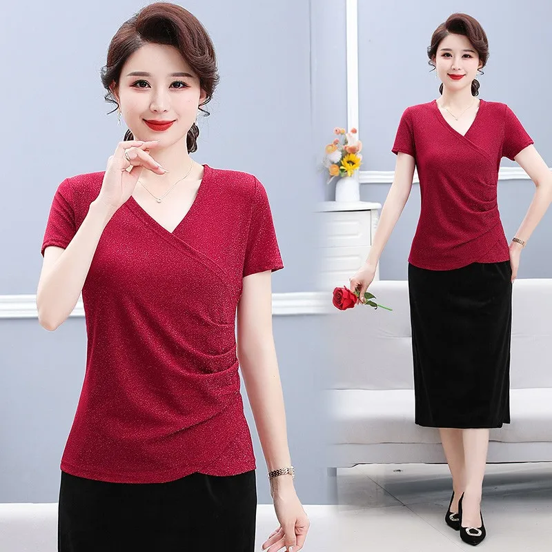 Woman Summer Style Blouses Shirts Lady Casual Short Sleeve V-Neck Solid bright silk Mesh Blusas Tops