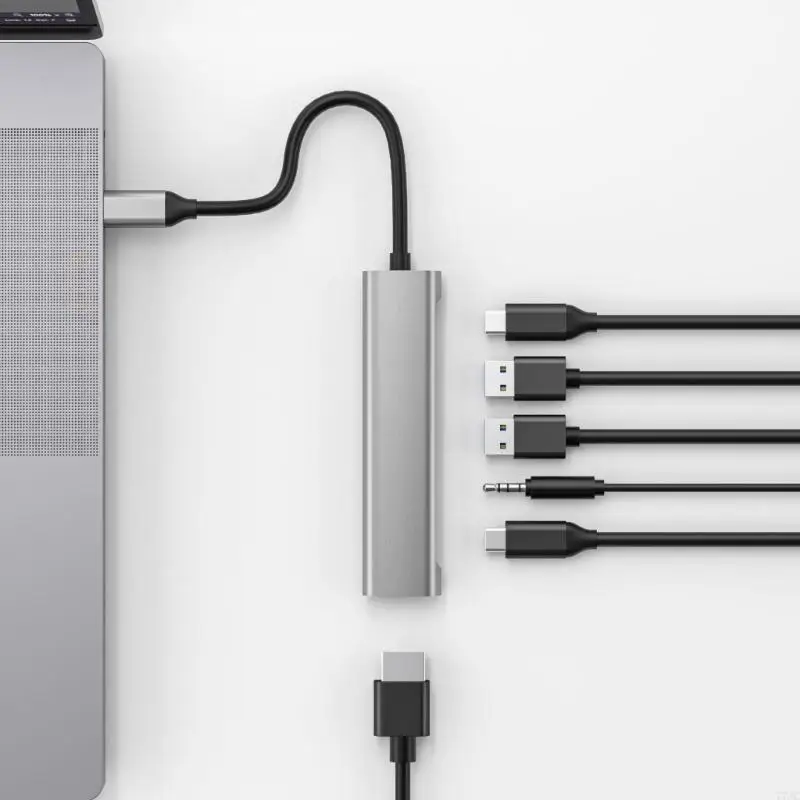 

6 in 1 USB C to HDTV Adapter 2xUSB2.0 3.5mm PD60W Port Extender Splitter Docking Station for PC Desktop Accessories 77JC
