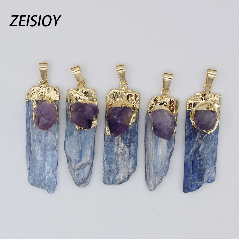 

Wholesale of 5 pieces/batch of natural stone blue kyanite pendants Jewelry plated with gold border Blue kyanite earrings Neckla