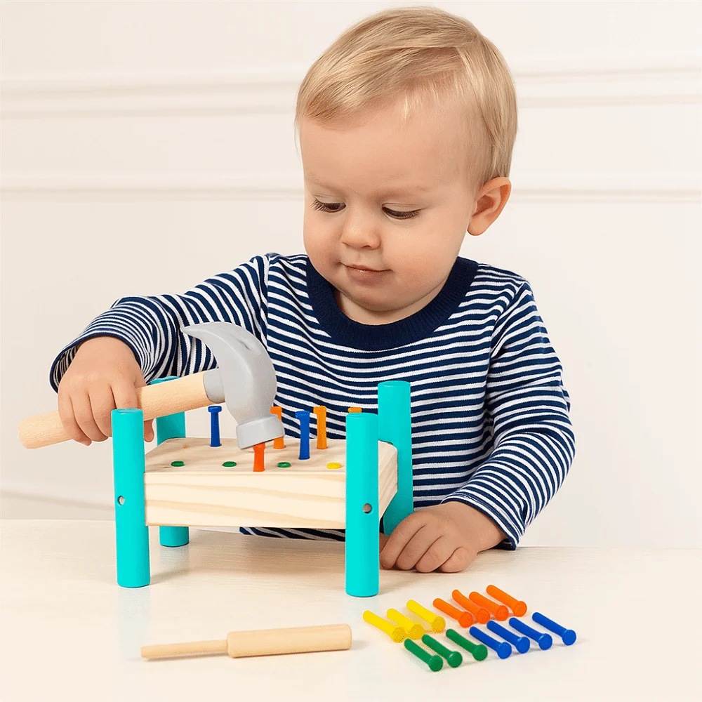 Zestaw Montessori do wbijania gwoździ, plastikowe gwoździe, drewniana tablica dwustronna, narzędzie do wczesnej edukacji, narzędzie do montażu, młotek dla niemowląt, drewniane zabawki do wbijania.