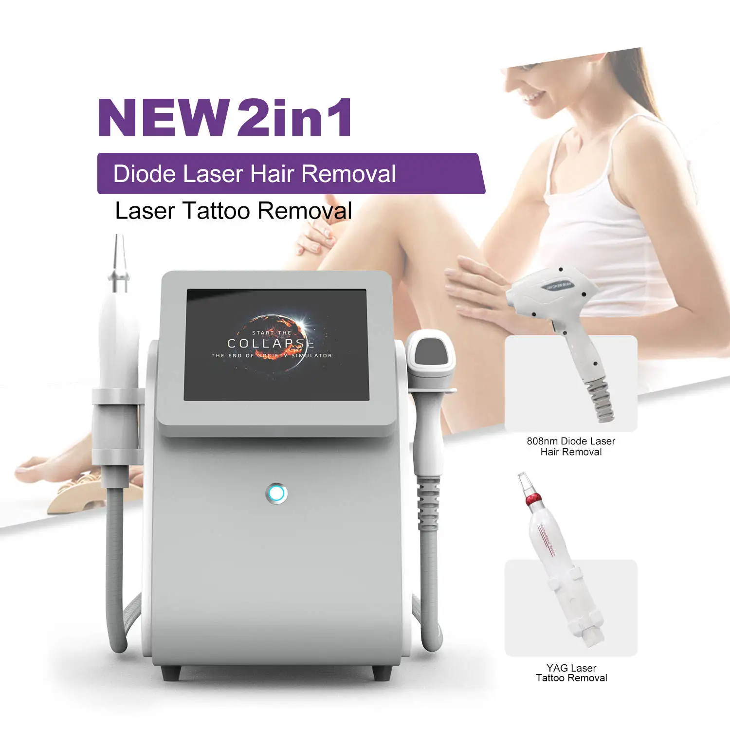 Professional 2 In1 808nm Diode Hair Removal Skin Rejuvenation YAG Lasers Tattoo Removal Machine