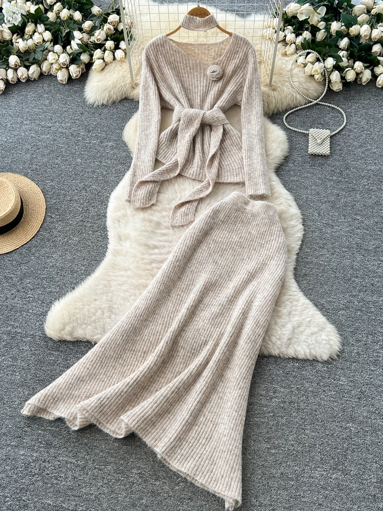 Ele Set top e gonna lavorati a maglia con cravatta a fiori Vita alta Gamba larga Autunno Inverno Maglione Ensemble Gentle Sle