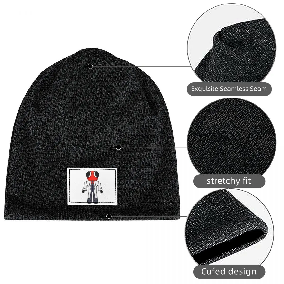 Red Scientist Rainbow Friend Waffle Knit Fleece Lined Beanie with PU Leather Patch Unisex Warm Winter Soft Cap