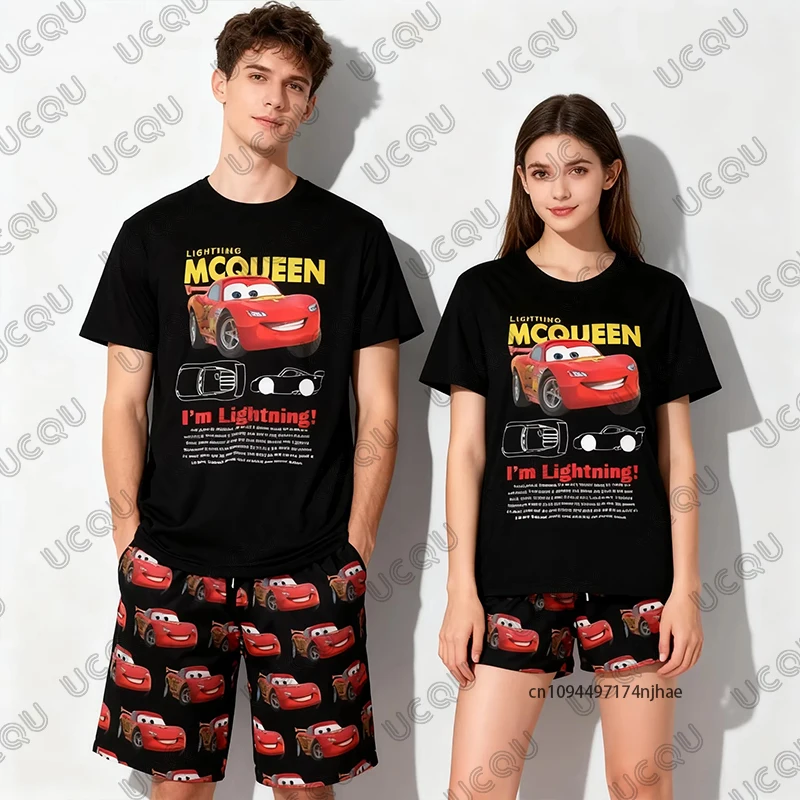 Conjuntos de verano 2026 para mujer, camiseta con estampado de Lightning McQueen & Sally Cars + conjuntos de pantalones cortos, traje informal para pareja, trajes deportivos de 2 piezas