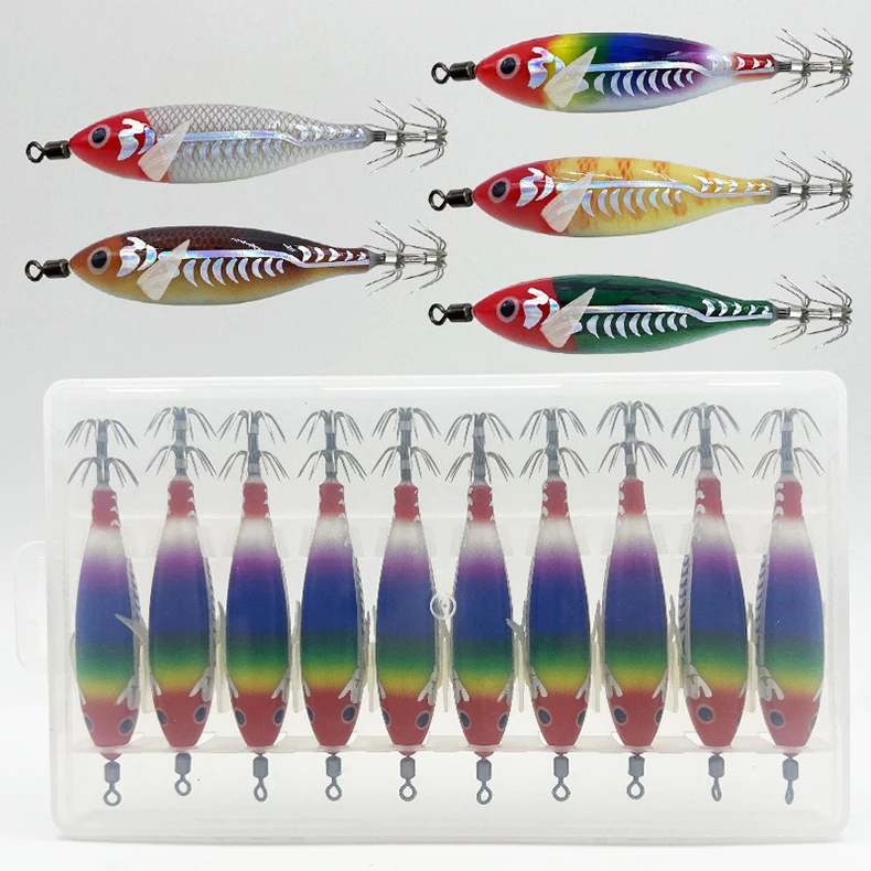 ShareShark 10 Stück/Box 8cm/5,7g Leuchtender Tintenfisch-Jig-Köder, Holz-Garnelen-Köder, Künstlicher Köder, Tintenfisch-Haken-Köder – Detail 2