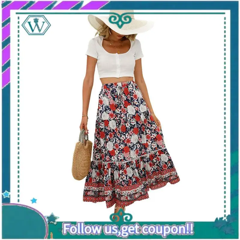 A09P تنانير طويلة للنساء 2025 الصيف بوهو طويل فلوي الأزهار مرونة عالية الخصر تنورة تنورة السفر غير رسمية #4
