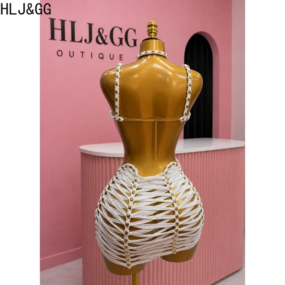 HLJ&GG Women Sexy Halter Mini Dress Metal Bead Detail Lace Up Cutout Bodycon Dress Birthday Holiday Party Night Out Clubwear New