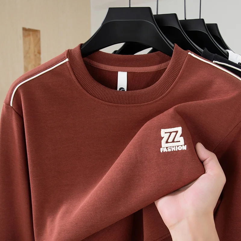 Men's Luxury Brand 100% Cotton T-Shirt Autumn New Solid Color Long Sleeved Embroidery O-Neck Top Casual Exquisite Men's Clothing