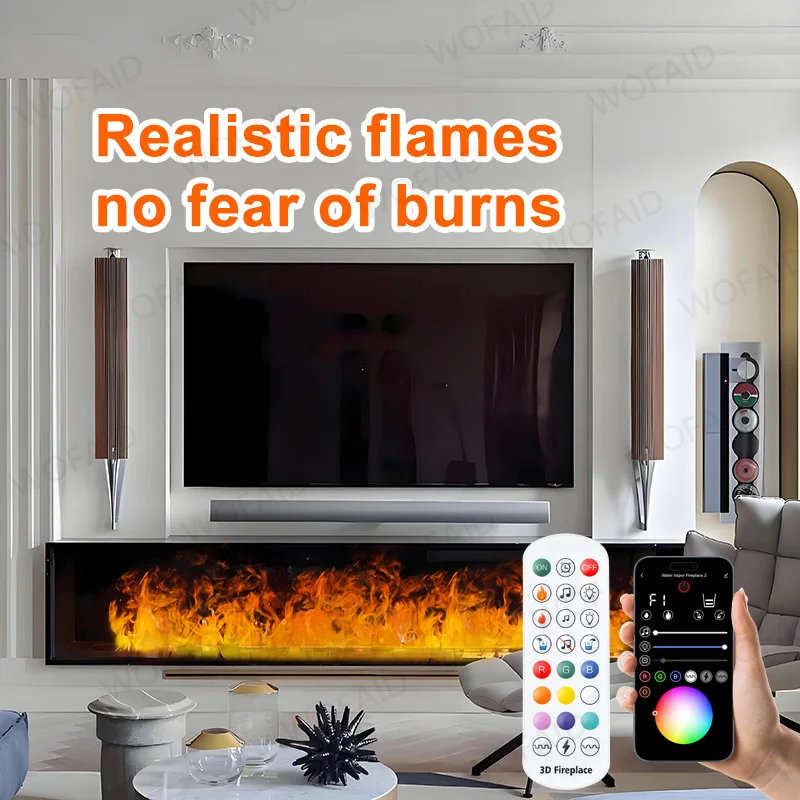 

Fogless Electric Fireplace, 3D Holographic Flame Effect, No Fume No Ash, Eco-Friendly & Energy Saving, with Remote Control