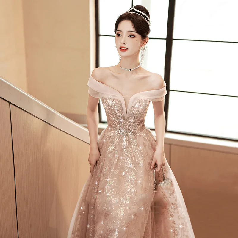 Temperament Off Shoulder Evening Dress Sweet Beaded Applique Graduation Dresses Long A-Line Backless Sequin Tulle Prom Gown