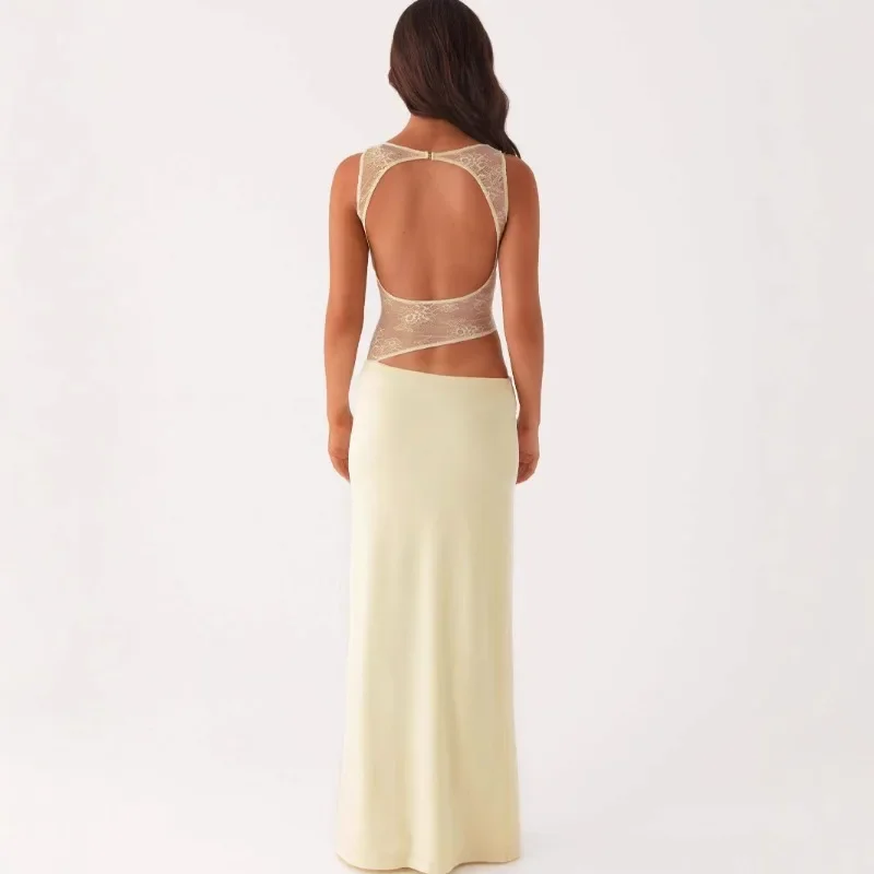Spring/Summer New Product Fashionable and Sexy Backless Hollow Splicing Slimming Dress European and American Style