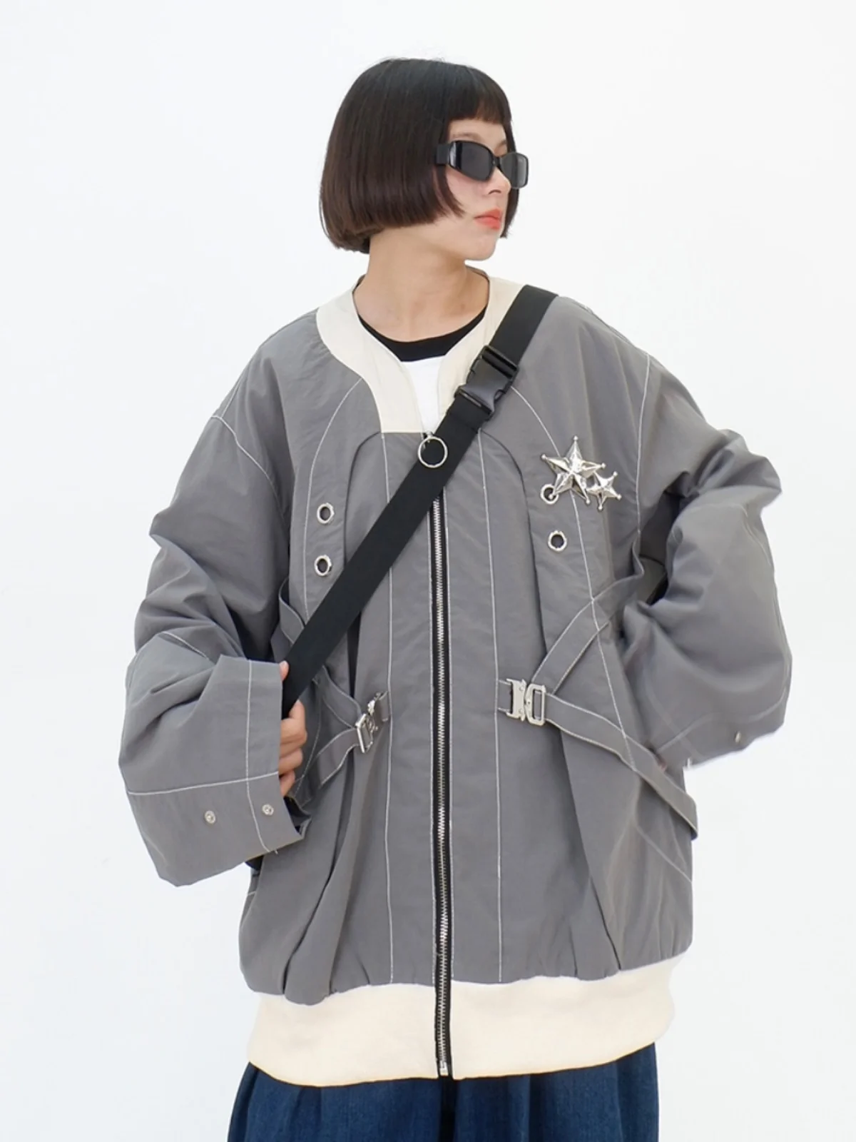 

Irregular patchwork jackets for women in autumn 2023, new loose fitting bf retro design feeling coats