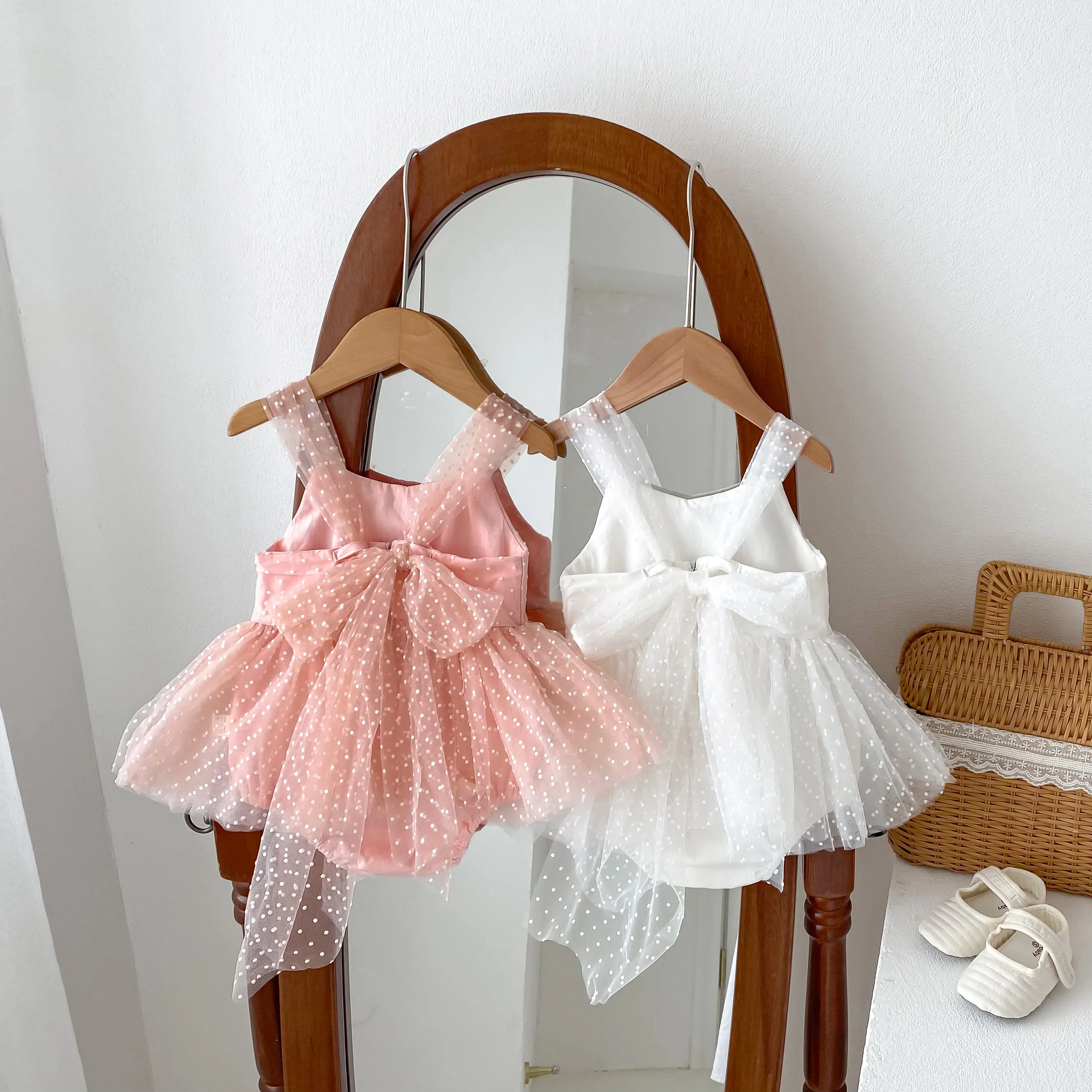 Newborn Jumpsuit Baby Girls Romper White Pink Elegant Gauze Polka Dot Singlet Princess Dress 0-2yrs