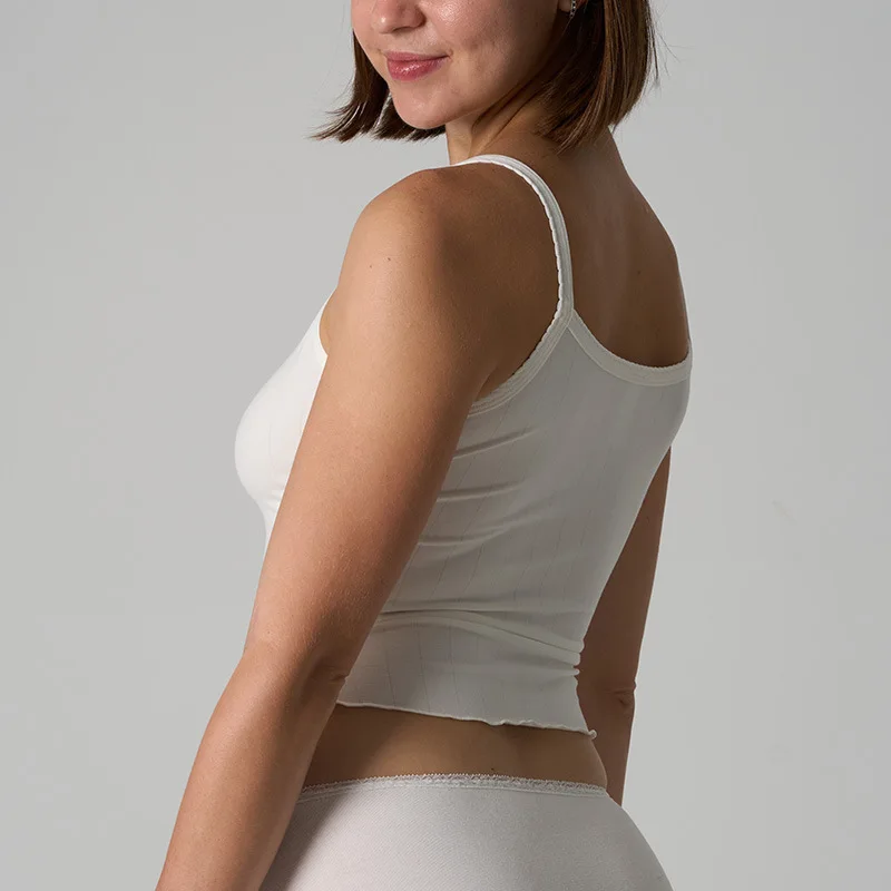 Y2K Hot Girl Style Einfarbiges Tank-Top für den Sommer, tief ausgeschnittener Rundhalsausschnitt, einfarbige Taille, ärmelloses Strick-Träger-Top mit Rüschenrand