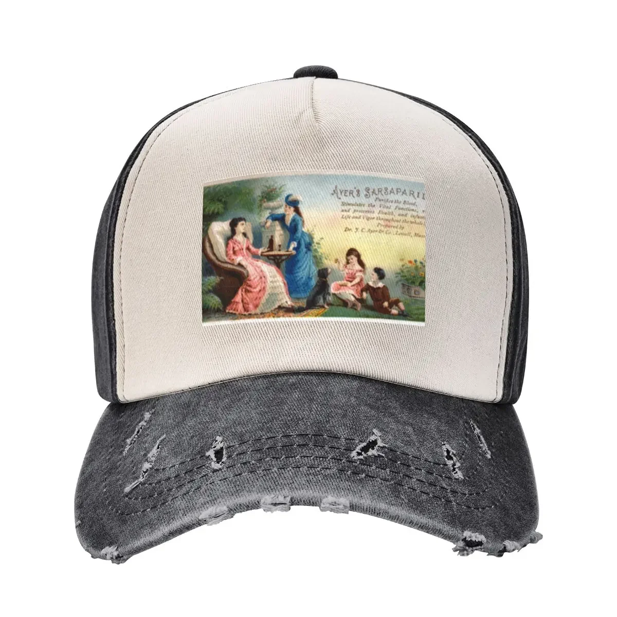 

Vintage Quack Medicine Advertisement, Ayer's Sarsaparilla, Pretty Women, Children Playing With Dog Baseball Cap
